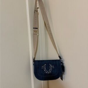True Religion Dark Blue Crossbody Bag with Tan Strap